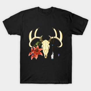 Deer Skull with red lilies T-Shirt